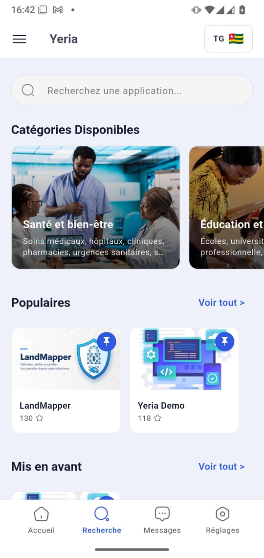 L'écran de recherche de l'application : catégories illustrées, services populaires et navigation par onglets.